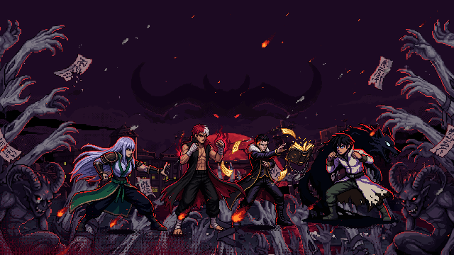 KAGEBARA key art: Shiori, Itto, Kaito and Sora surrounded by a curse horde under a red moon